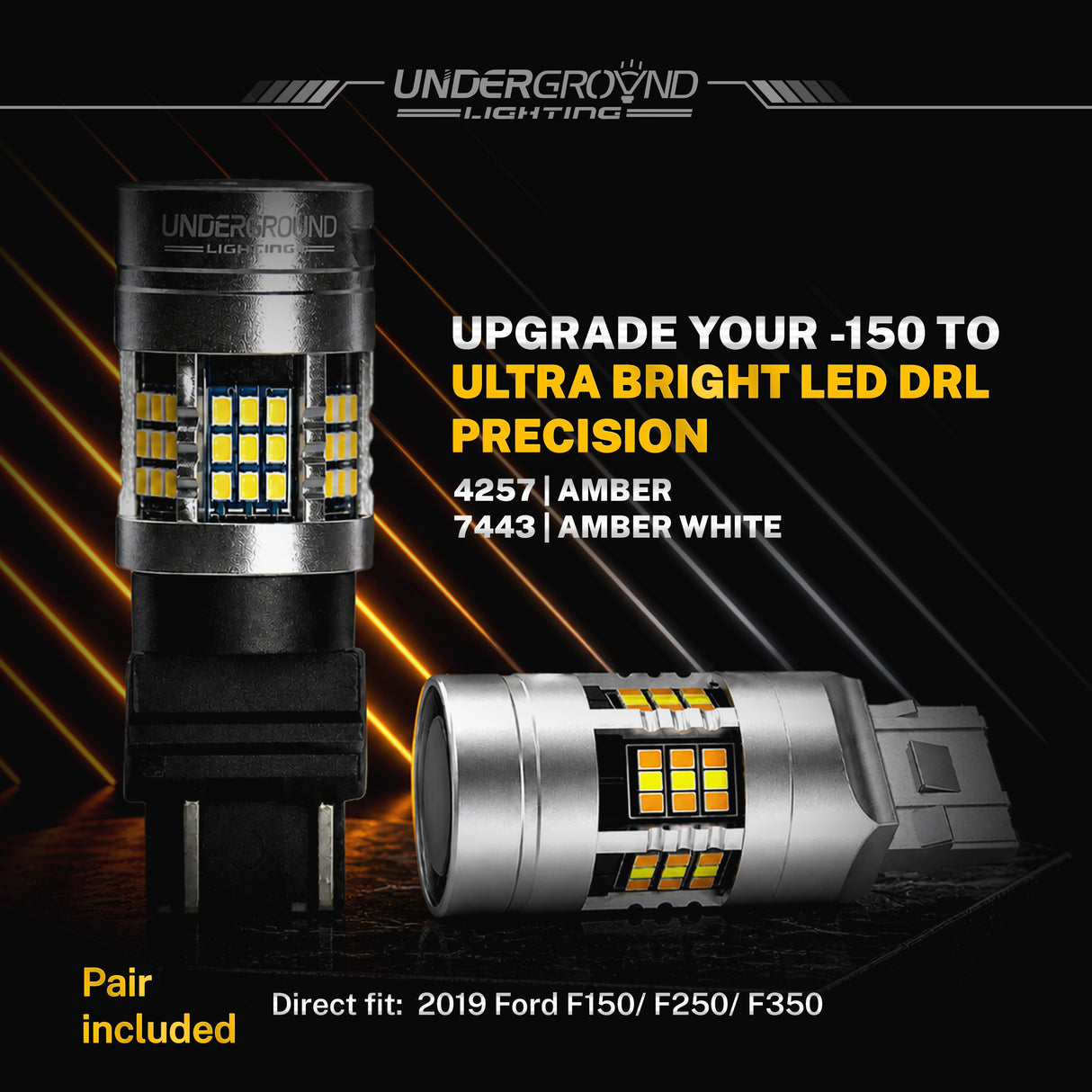 TwoFront Turn Signal Replacement Bulbs for 3X Visibility| 4257 Amber LED bulbs with 'UndergrounD Lighting' branding on a dark background.