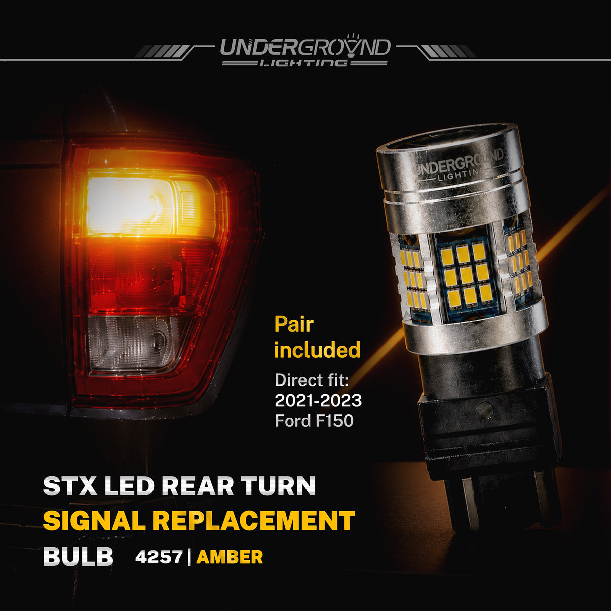 STX LED rear turn signal replacement bulb for Ford F150 with 'Underground Lighting' branding.