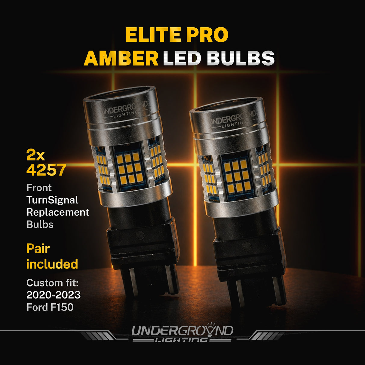 Two 2020–2023 Ford F-150 LED Front Turn Signal Replacement 4257 Amber LED bulbs with product details on a dark background