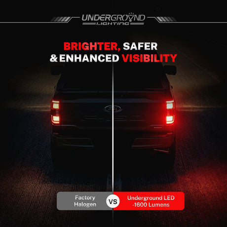 Comparison of factory halogen and Underground LED 2021–2025 Ford F-150 4257 Red LED Rear Brake & Turn Signal Replacement Bulb lights on a vehicle in low light conditions.