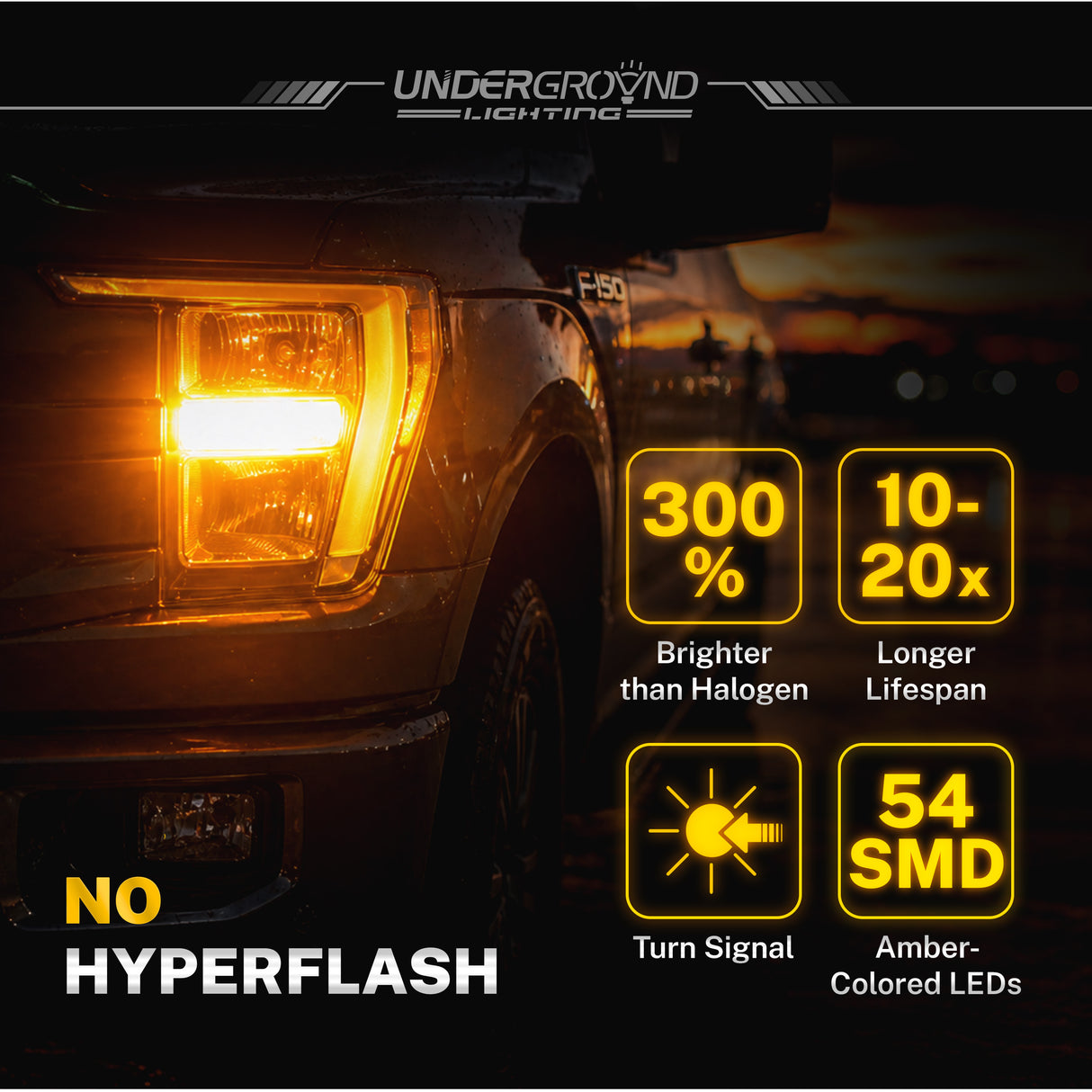 F-150 LED Front Turn Signal Replacement 4257 Amber bulb with UndergrounD Lighting branding, highlighting features like brightness and lifespan.