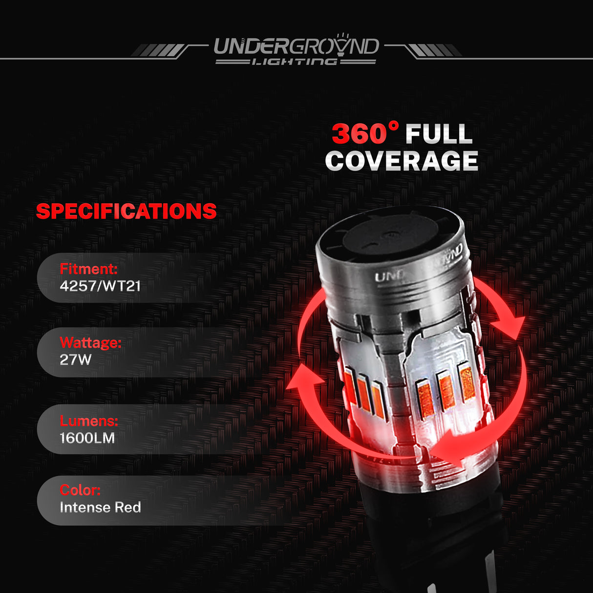 Underground Lighting 4257 turn signal, rear light replacement bulb with 360-degree coverage on a dark background