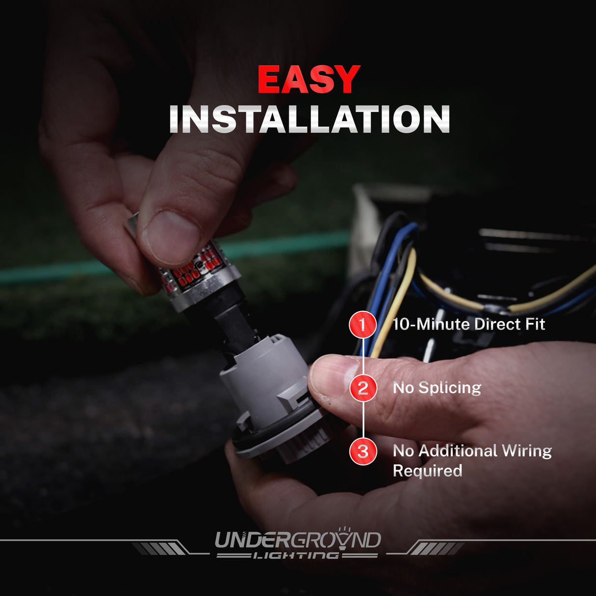 Hands installing a light bulb with 'Easy Installation' text and features of 4257 turn signal, rear light replacement bulb Underground Lighting.