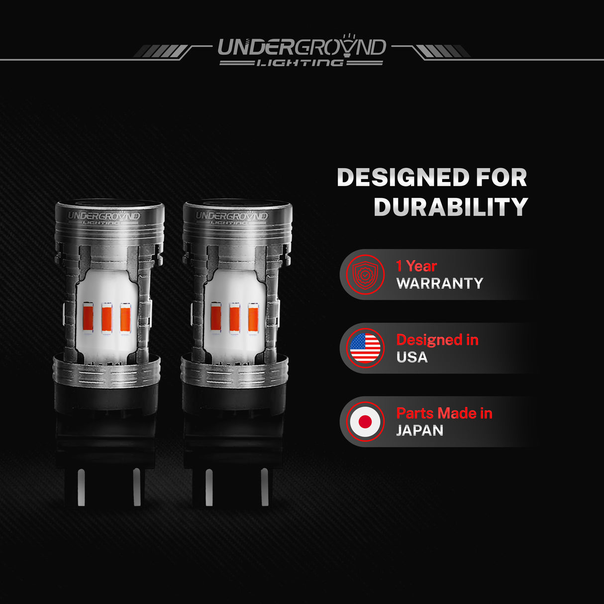 Two automotive light 4257 turn signal, rear light replacement bulbs with 'Undergroyd Lighting' branding on a dark background.
