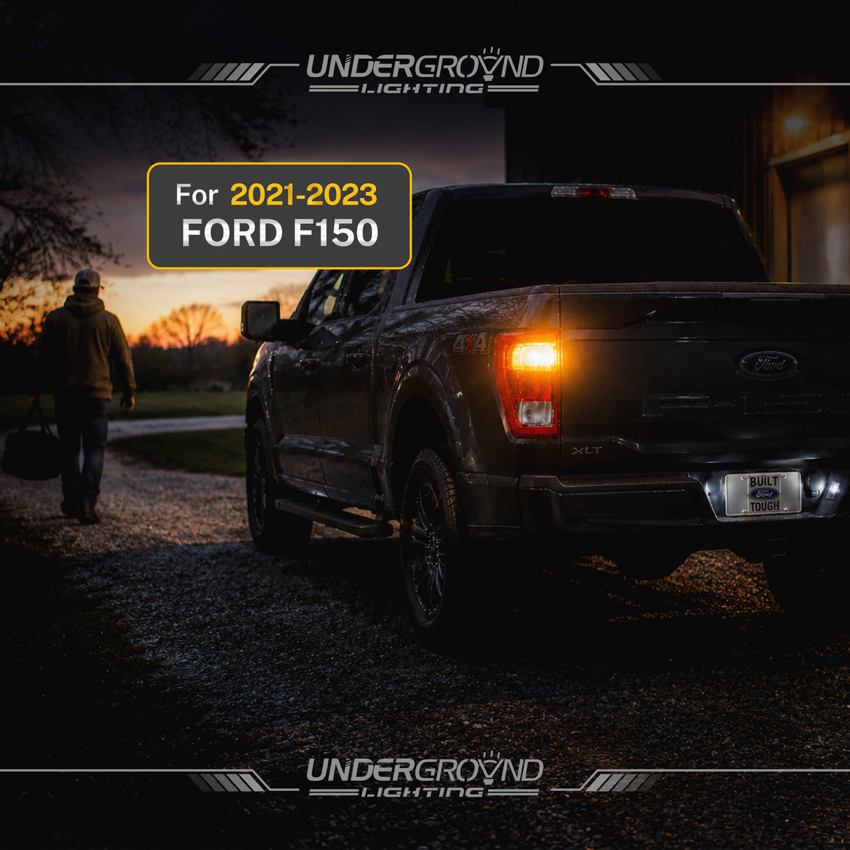 Ford F150 truck with glowing 2021–2023 Ford F-150 STX LED Rear Turn Signal Replacement Bulbs for 3X Rear Visibility| 4257 Amber taillight at sunset, featuring Underground Lighting branding.