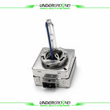 ds3 hid headlight bulb in metallic housing with 'Underground Lighting' branding on a white background.