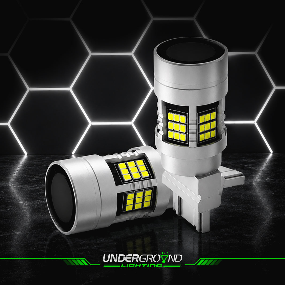 Two LED Reverse Backup Replacement Bulbs with a 'Underground Lighting' logo on a dark background.