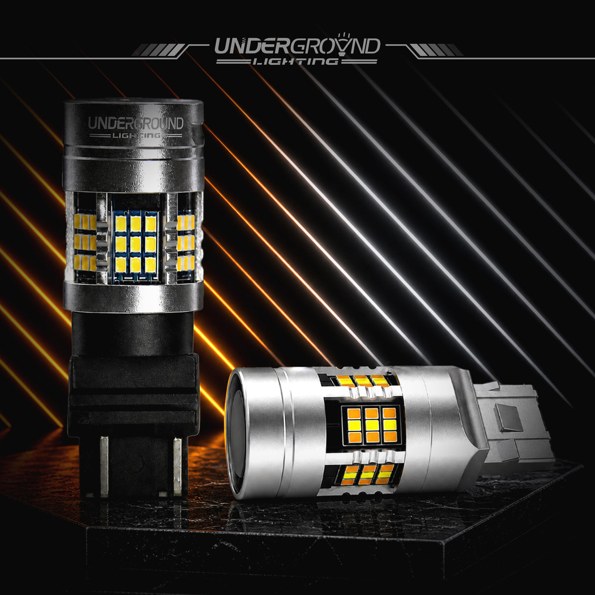 Two 2019 Ford F-150 / F-250 / F-350 LED DRL Front Turn Signal Replacement Bulbs with 'Underground Lighting' branding on a dark background.