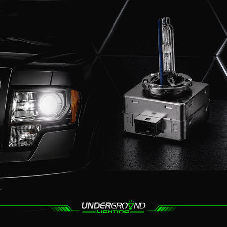2013–2014 Ford F-150 D3S HID Headlight Replacement Bulb next to a frod truck headlight on a dark background with 'Underground Lighting' branding.