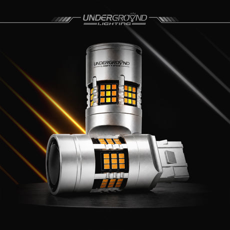 Underground Lighting 2015–2018 Ford F-150 / F-250 / F-350 LED Front Turn Signal Replacement Bulbs | 7443 Amber, Built-in Resistor, No Hyperflash on a dark background