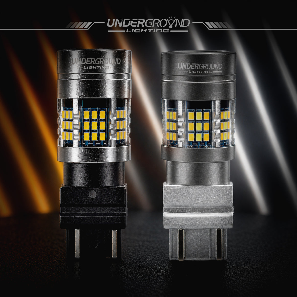 Two Underground Lighting 2019–2021 Ford F-150 / F-250 / F-350 LED Front Turn Signal Replacement Bulbs on a dark background with light beams.