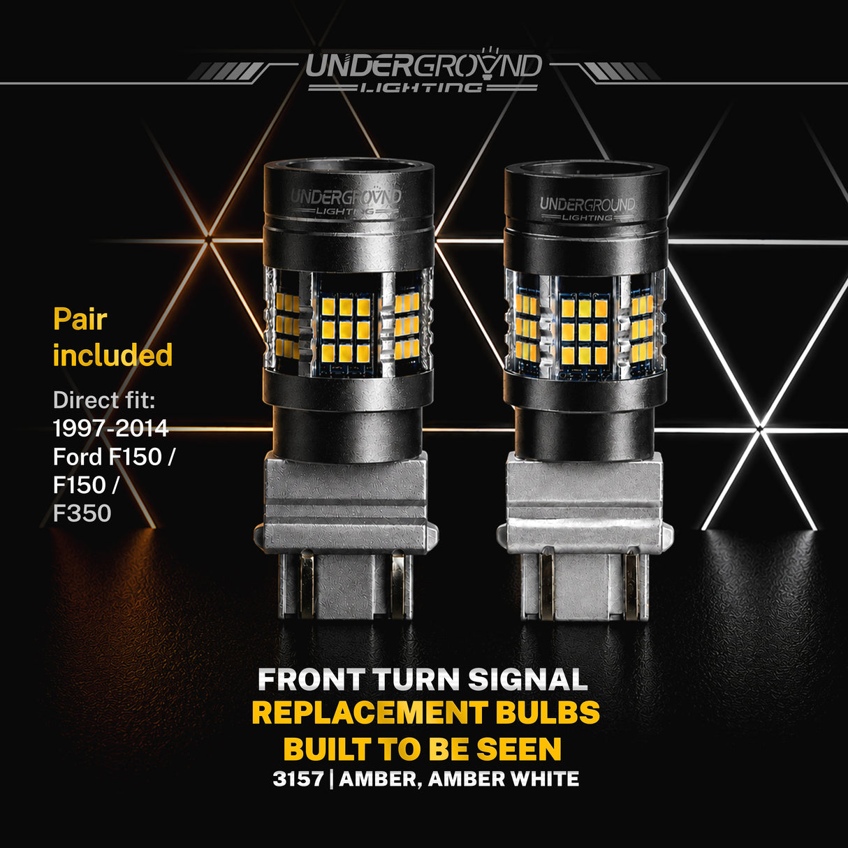 1997–2014 Ford F-150 / F-250 / F-350 LED Front Turn Signal Replacement  Bulbs For 3X Front Visibility | 3157 Amber, Built-in Resistor, No Hyperflash | 300% Brighter 1200LM (PAIR)