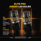 Two 2020–2023 Ford F-150 LED Front Turn Signal Replacement 4257 Amber LED bulbs with product details on a dark background