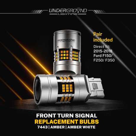 2015–2018 Ford F-150 / F-250 / F-350 LED Front Turn Signal Replacement Bulbs | 7443 Amber, Built-in Resistor, No Hyperflash with 'Underground Lighting' branding on a dark background.