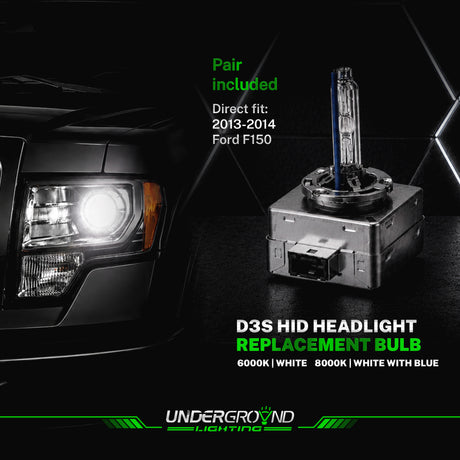 D3S HID headlight replacement bulb with car headlight on a dark background, featuring Underground Lighting branding.