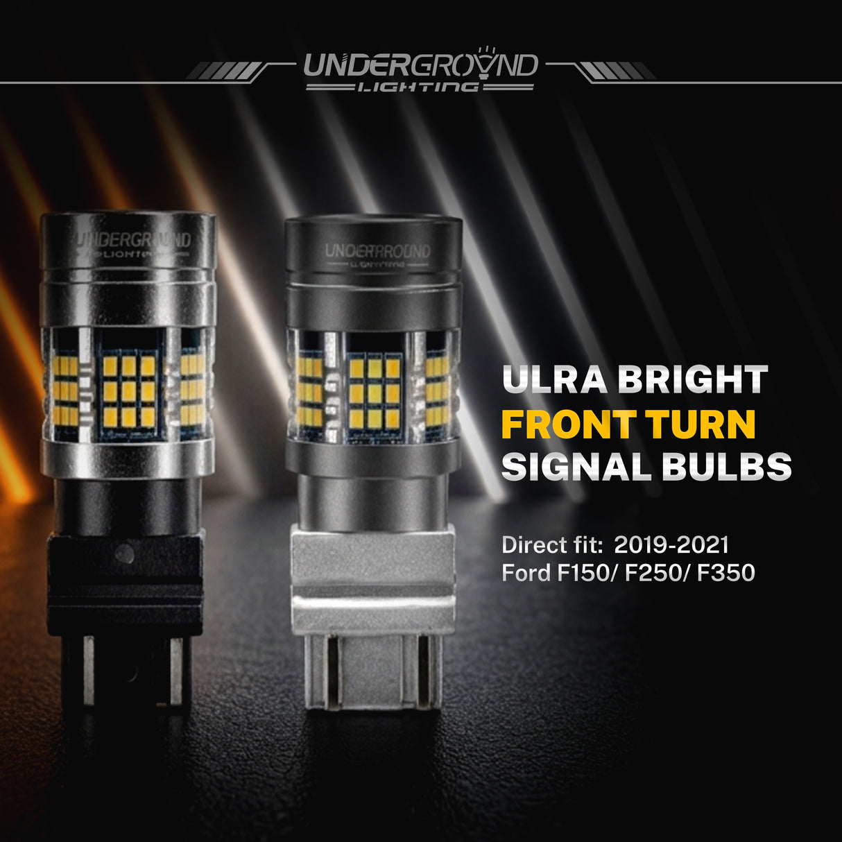 Two ultra bright 4257 amber front turn signal bulbs with 'Underground Lighting' branding on a dark background.