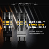 Two ultra bright 4257 amber front turn signal bulbs with 'Underground Lighting' branding on a dark background.