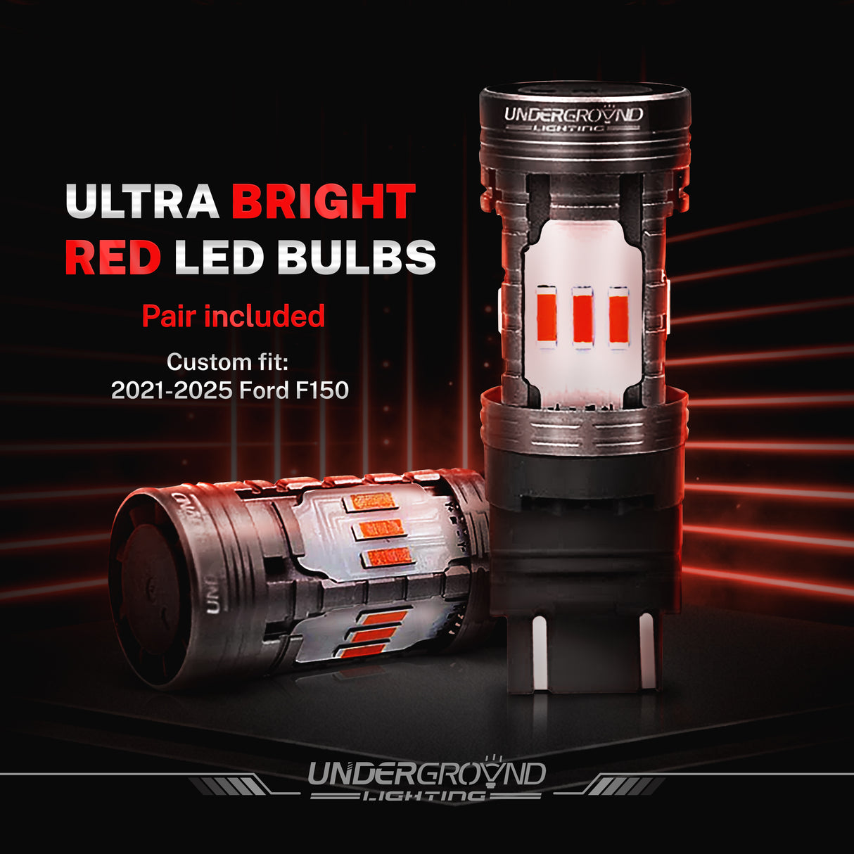 Ultra bright red LED bulbs with 'Underground Lighting' branding on a dark background.