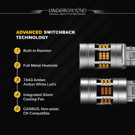Underground Lighting bulb with features 300% brighter than halogen for clearer signalling
Built-in resistor eliminates hyperflash instantly
Advanced cooling extends lifespan up to 10× longer
7443 LED plug & play, zero wiring required

canbus, non polar etc 
 listed on a black background