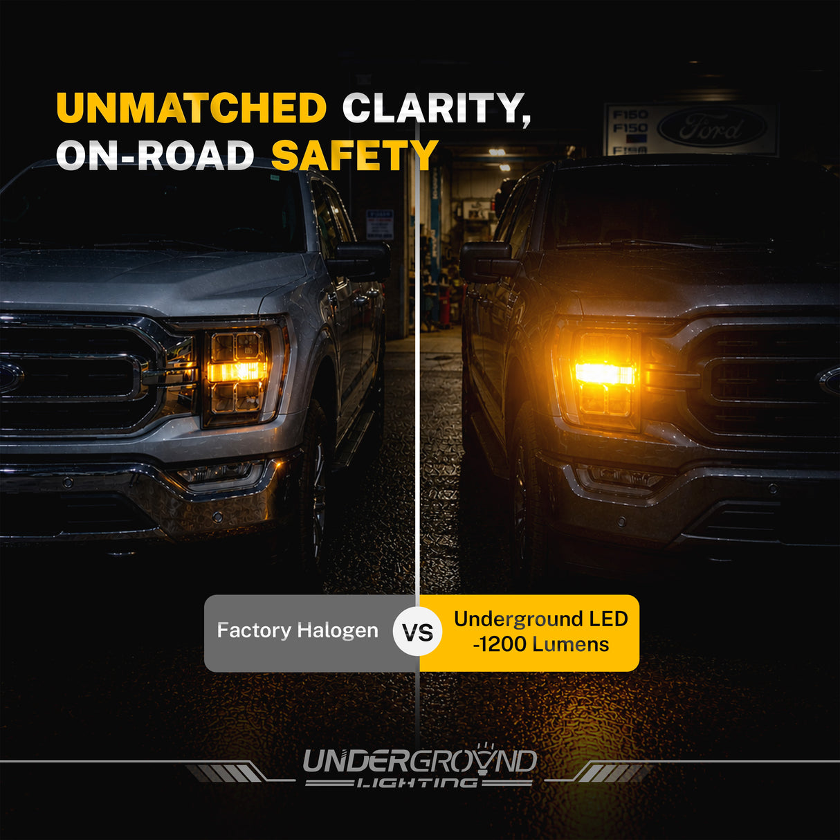 Comparison of Factory Halogen and Underground LED front turn signal on a ford truck in a dark setting.