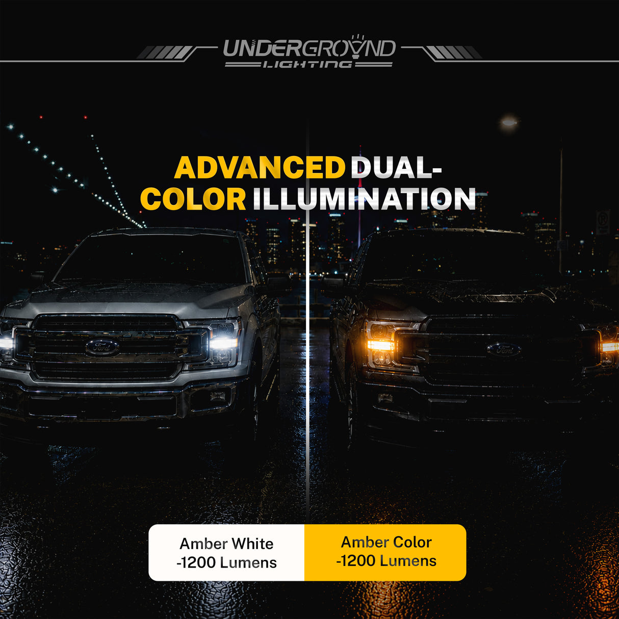 Two views of a vehicle with advanced dual-color illumination lights on a dark background, featuring 'UndergrounD Lighting' branding.