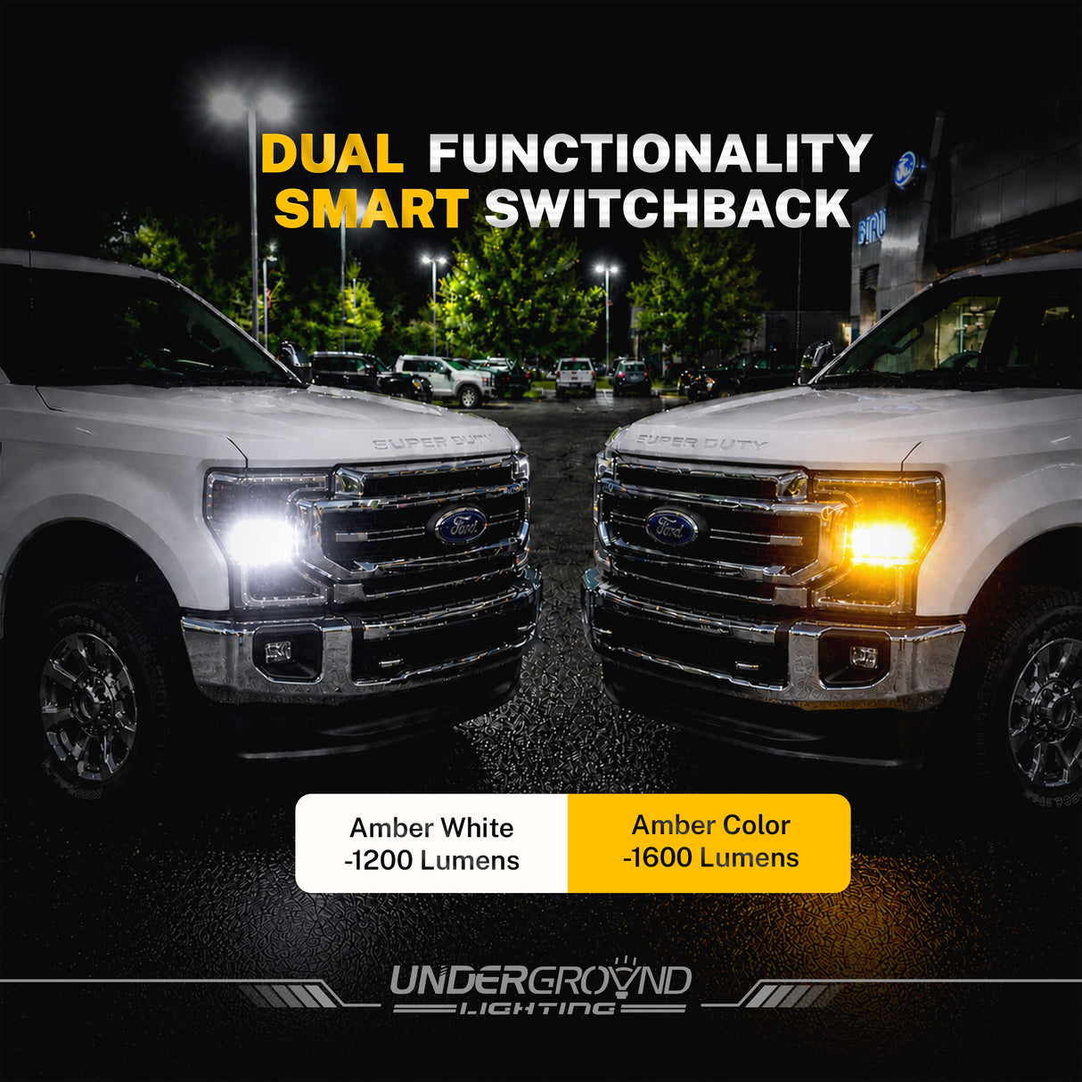 Two Ford trucks with headlights on, showcasing 'Dual Functionality Smart Switchback' feature by Underground Lighting.