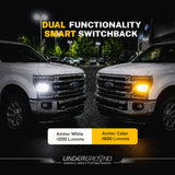 Two Ford trucks with headlights on, showcasing 'Dual Functionality Smart Switchback' feature by Underground Lighting.