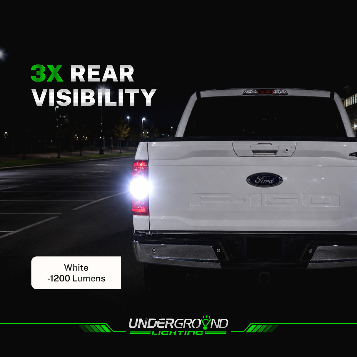 2021+ Ford F-150 STX LED Reverse Backup Replacement Bulbs on Ford F 150 Truck on a dark road showing 3x visibility