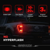 Back of a truck with illuminated 4257 brake light and turn signal Replacement Bulbs Built-in Resistor , featuring text on benefits and Underground Lighting logo. 