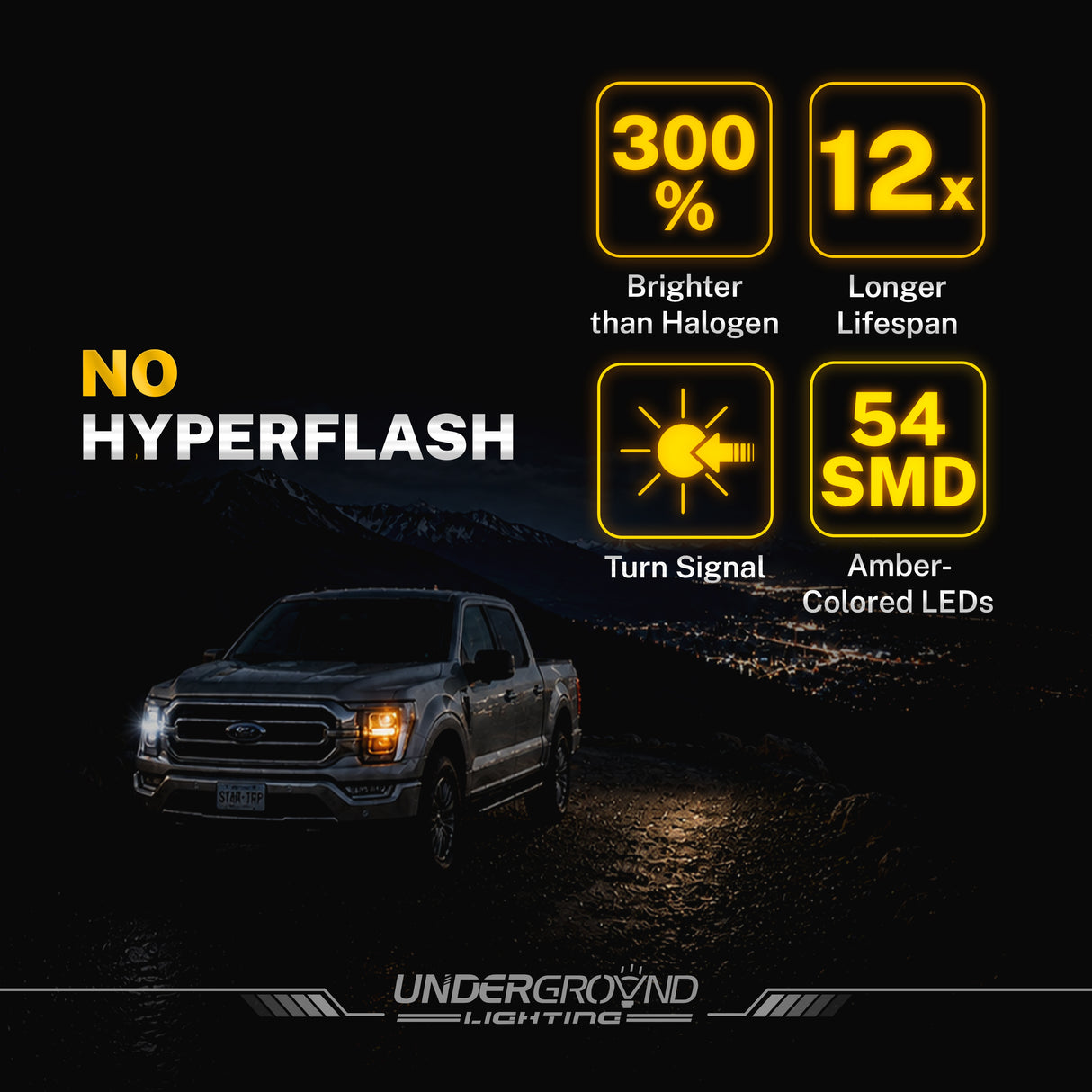 2019 Ford F-150 Truck with illuminated with 4257 Amber turn signal on dark background, featuring text about light performance.