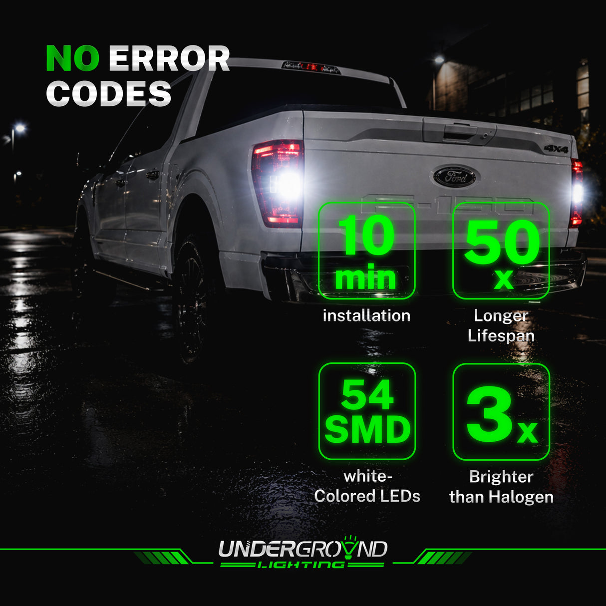 White truck with 2021+ Ford F-150 STX LED Reverse Backup Replacement Bulbs at night, showcasing features on a dark background.