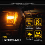 F-150 LED Front Turn Signal Replacement 4257 Amber bulb with UndergrounD Lighting branding, highlighting features like brightness and lifespan.