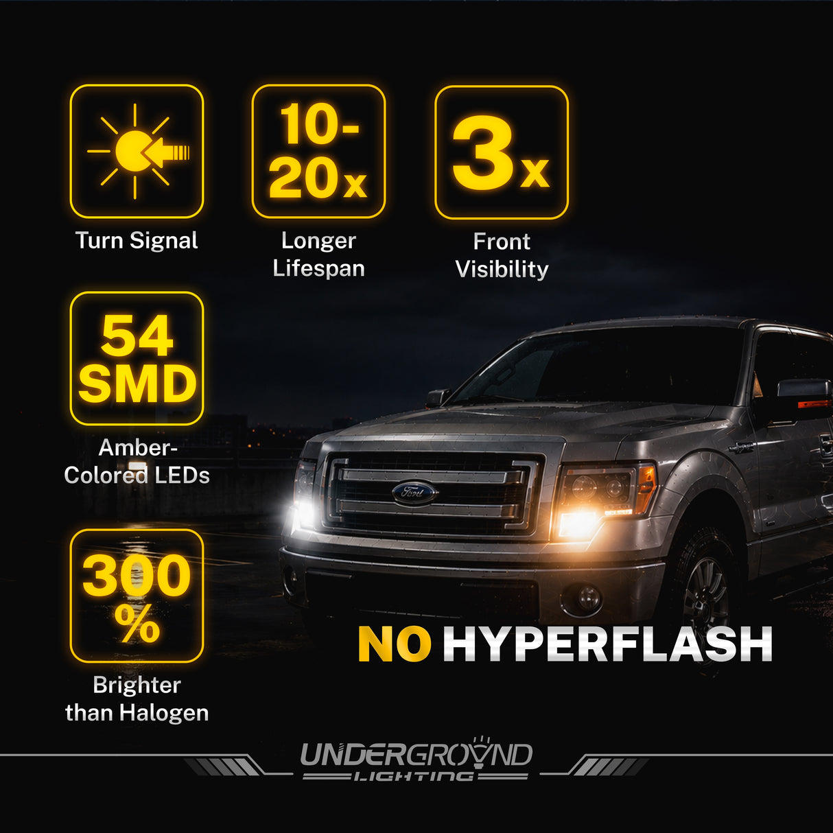 1997–2014 Ford F-150 / F-250 / F-350 LED Front Turn Signal Replacement  Bulbs For 3X Front Visibility | 3157 Amber, Built-in Resistor, No Hyperflash | 300% Brighter 1200LM (PAIR)