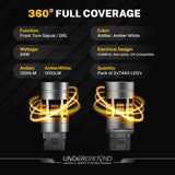 Two Front Turn Signal  LED bulbs with technical specifications on a black background, featuring the brand 'Underground Lighting'.