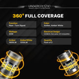 Underground Lighting 2019–2021 Ford F-150 / F-250 / F-350 LED Front Turn Signal Replacement bulb  with 360 degree coverage with product details on a black background