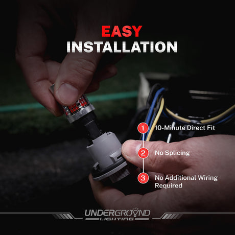Hands installing a light bulb with 'Easy Installation' text and features of 4257 turn signal, rear light replacement bulb  Underground Lighting.