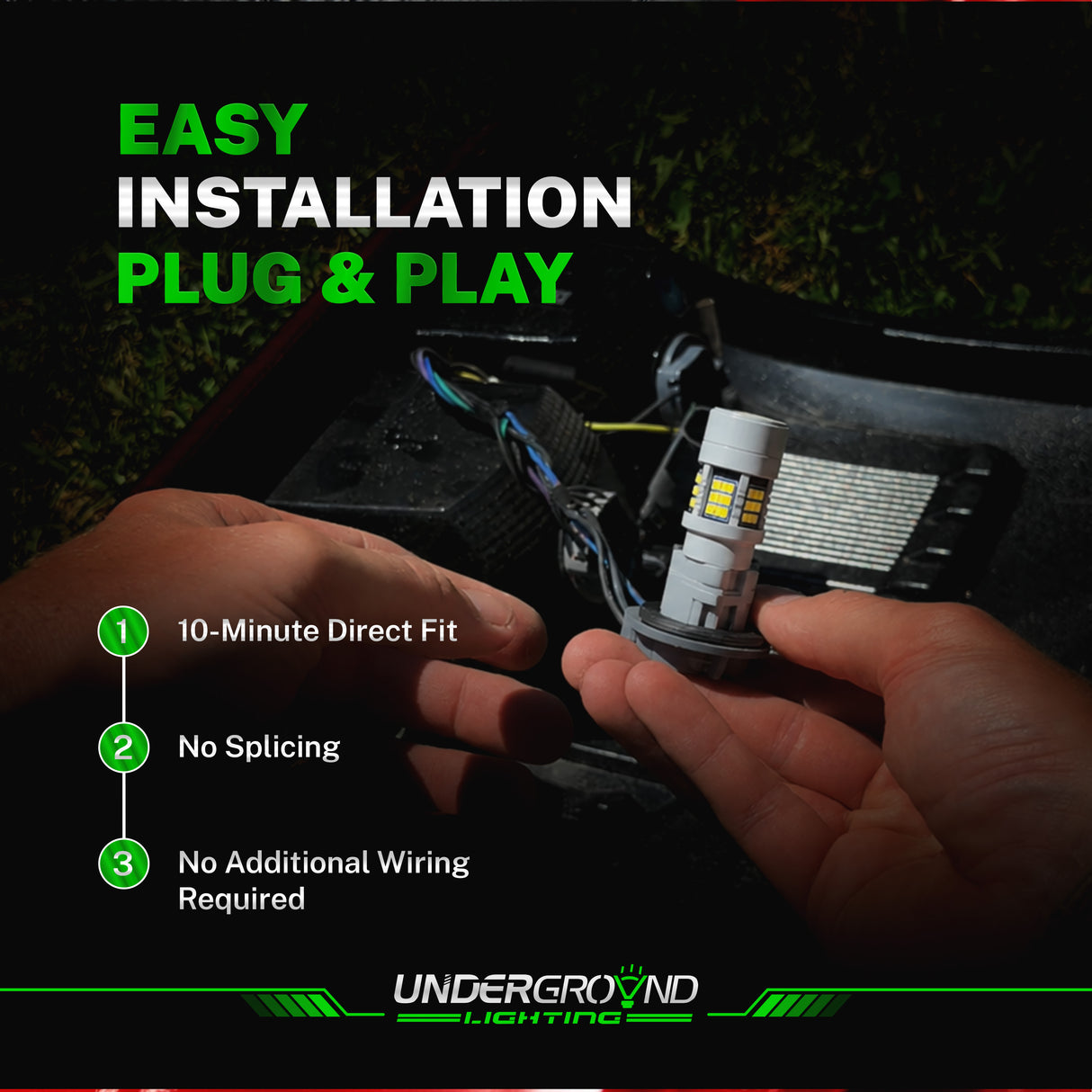 Hands installing a light bulb with text on easy installation and brand name 'Underground Lighting'.