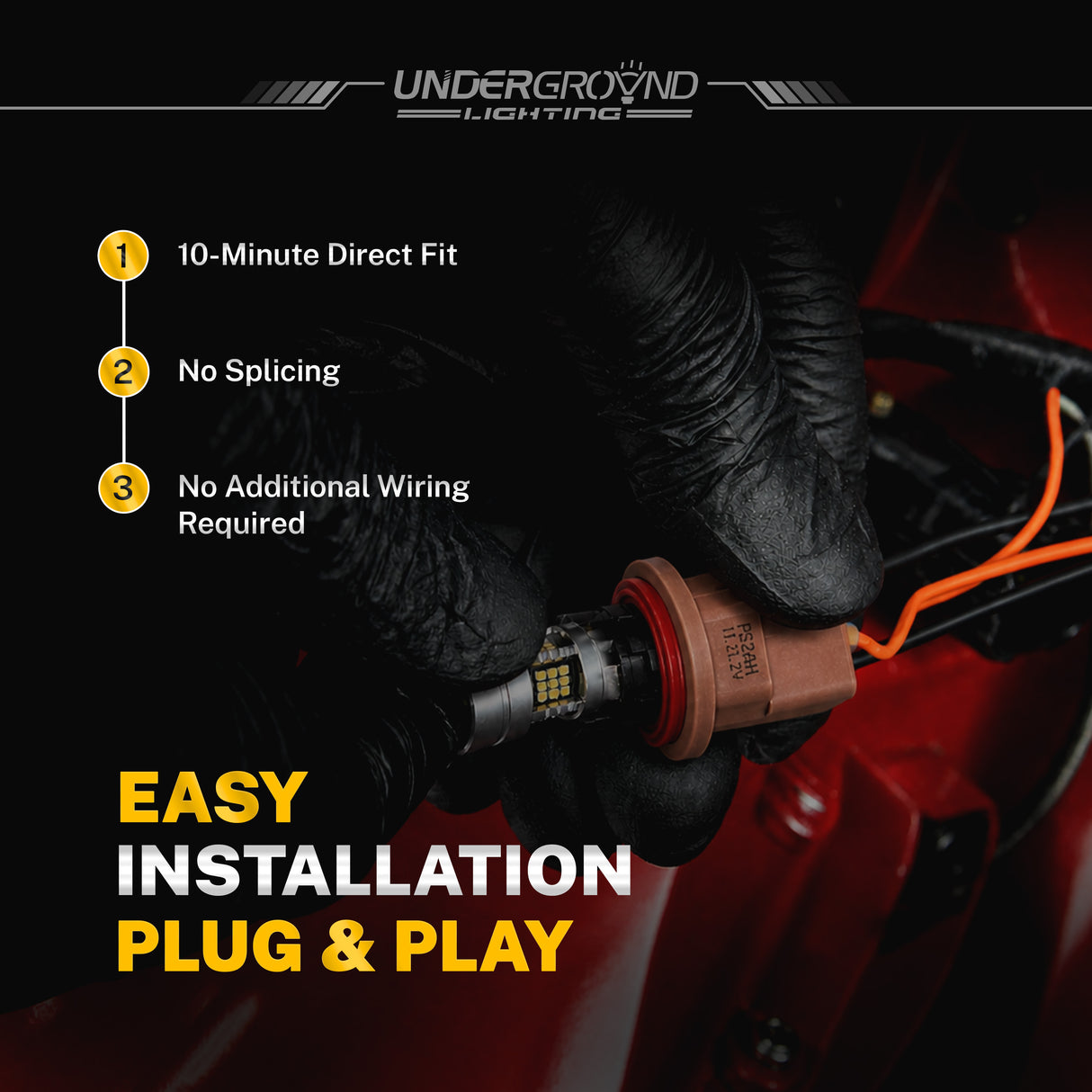Hand installing a car light  LED Front Turn Signal bulb with 'UndergrounD Lighting' branding and text about easy installation.
