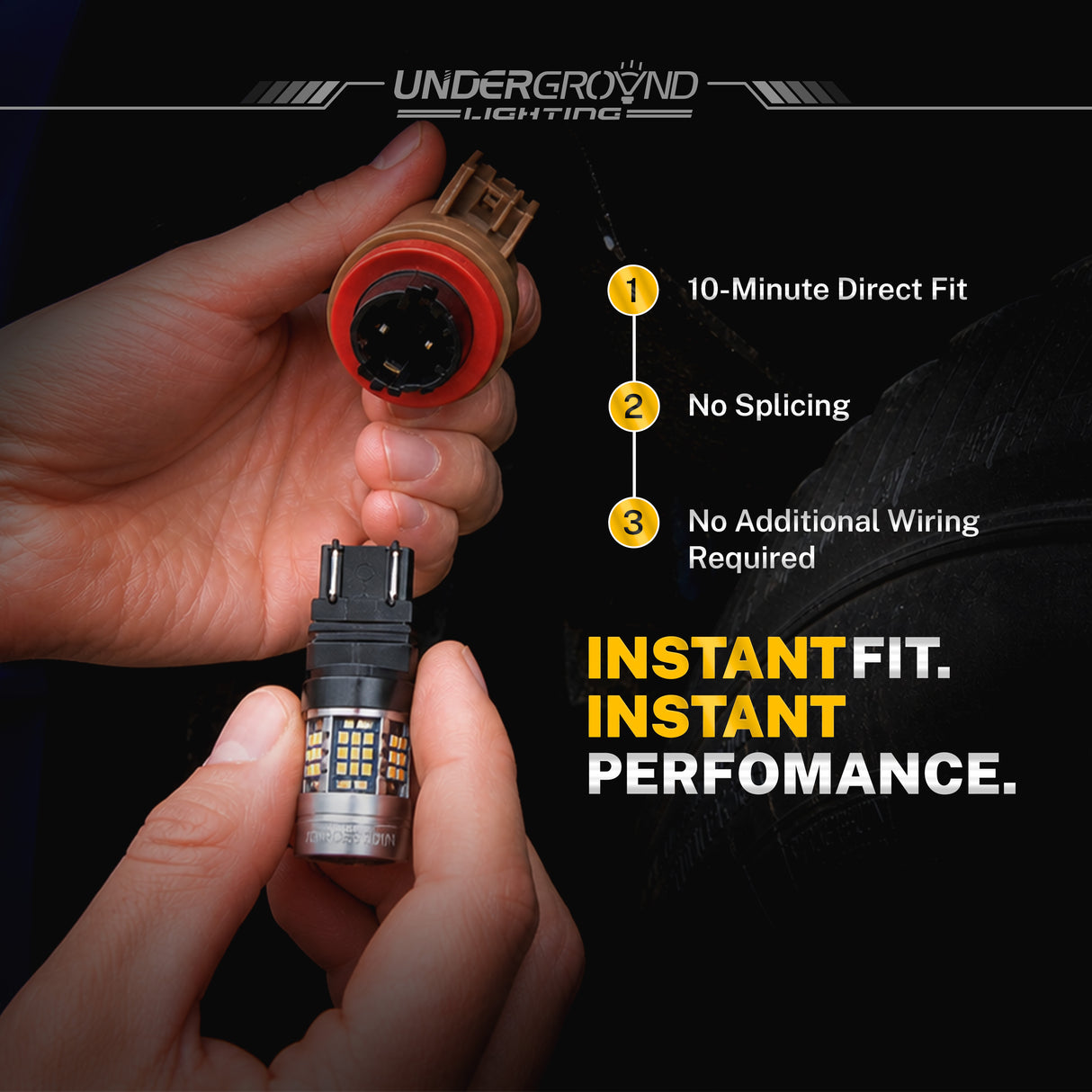 Person holding two LED Rear Turn Signal Replacement bulbs with 'UndergrounD Lighting' branding and product features listed.