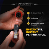 Person holding two LED Rear Turn Signal Replacement bulbs with 'UndergrounD Lighting' branding and product features listed.