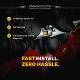 Hand installing a turn signal light bulb with text highlighting installation features on a dark background.