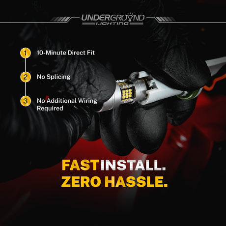 Hand installing a turn signal light bulb with text highlighting installation features on a dark background.