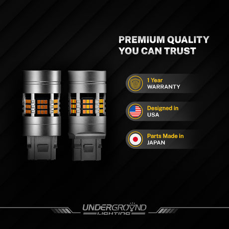 Two car bulbs with 'Underground Lighting' branding on a black background with product features highlighted.