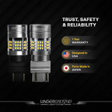 Two car light bulbs with Underground Lighting branding on a dark background, featuring trust, safety, warranty and reliability text.