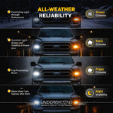 Promotional image of a truck with headlights on, highlighting features like all-weather reliability, penetration through snowstorms, rain, fog, and night visibility.