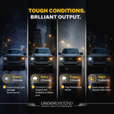 Promotional graphic for Underground Lighting showcasing a truck in various weather conditions with text highlighting product features.