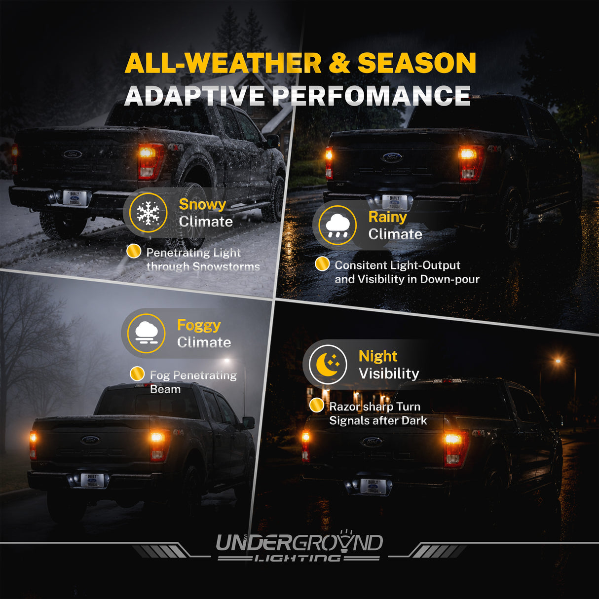 Underground Lighting advertisement showcasing a truck's headlights in various weather conditions.