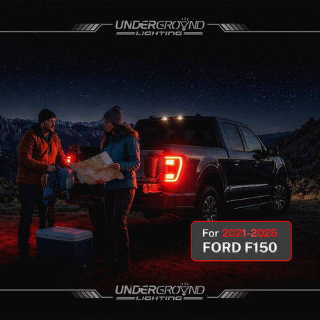 Two people standing next to a Ford F150 with 4257 turn signal, rear light replacement bulb  at night with 'Underground Lighting' branding.
