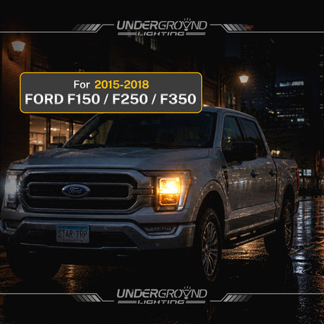 Ford F150 truck on a wet street at night with 'Underground Lighting' advertisement.