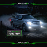 Ford F-150 truck with illuminated headlights on a dark road, featuring Underground Lighting branding.